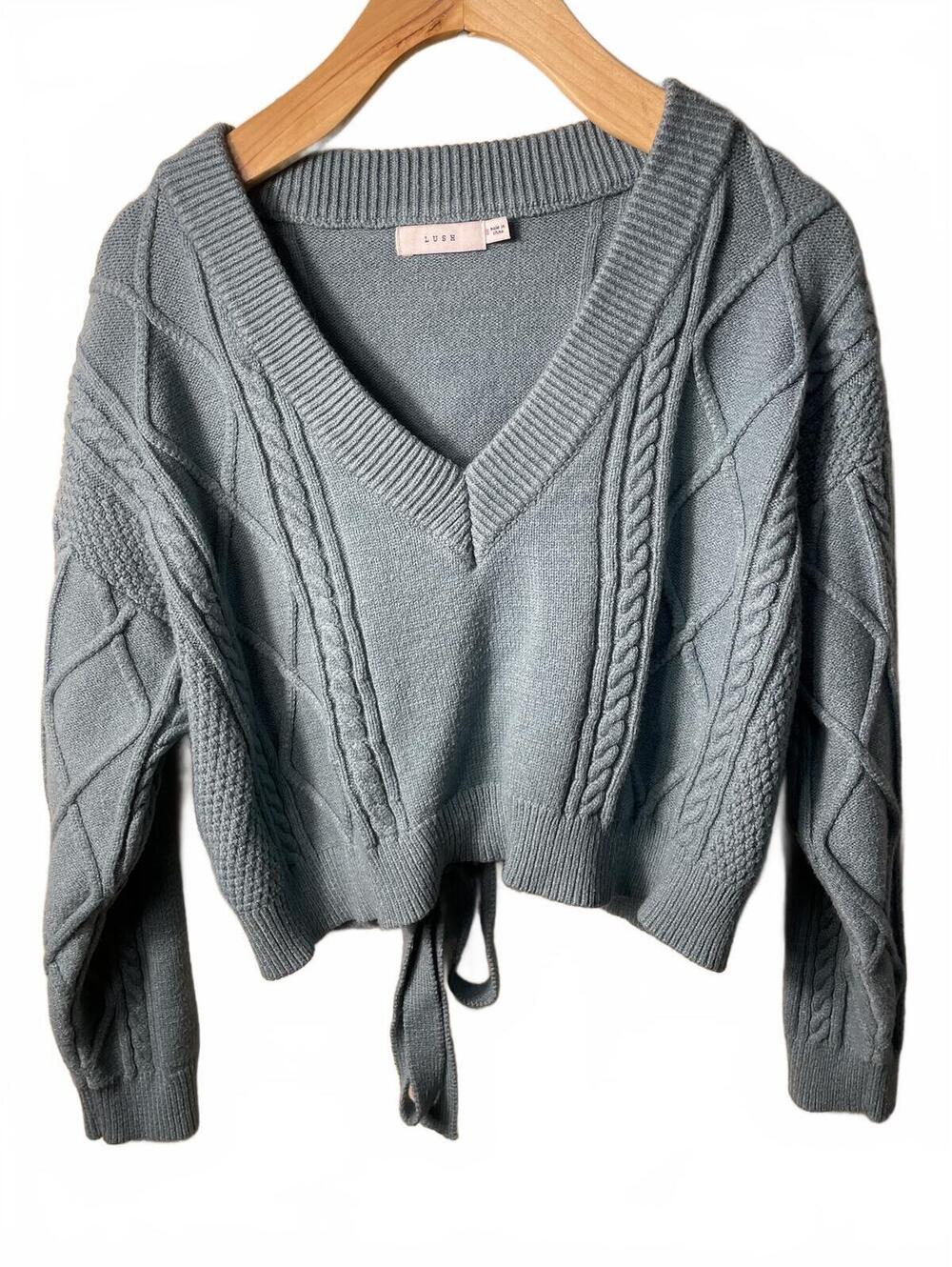 Lush Cable Knit V Neck Sweater Womens Size Small Blue Tie Casual Coquette Fall